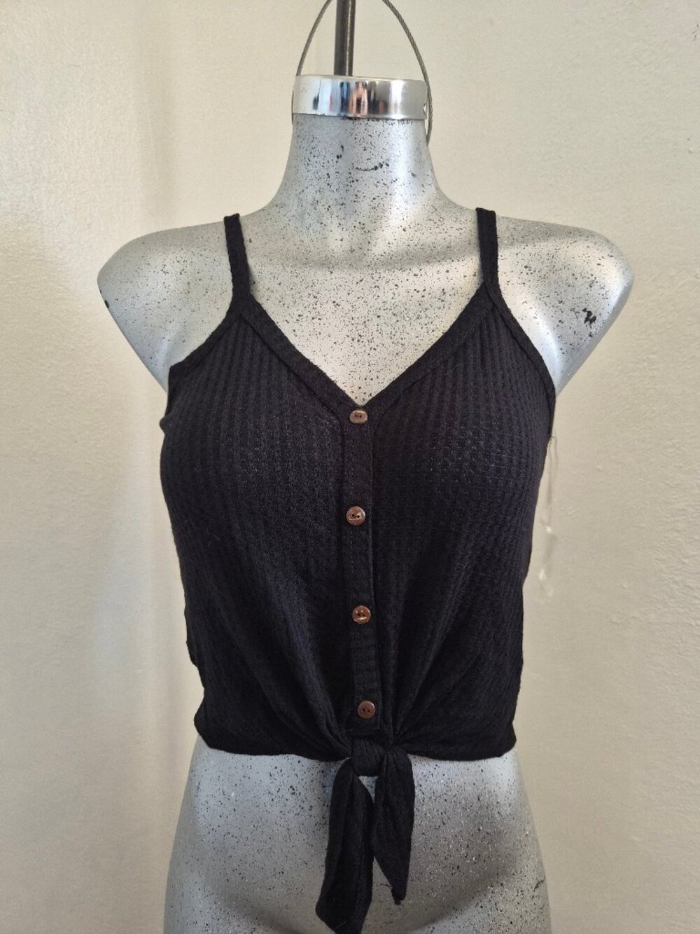 Black Ribbed Button-Front Tie-Front Camisole Top